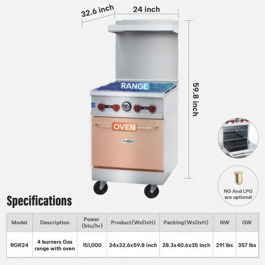 Commercial kitchen range with oven and dimensions displayed