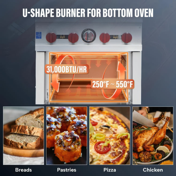 Stainless steel oven with U-shape burner and cooking examples below on a dark background