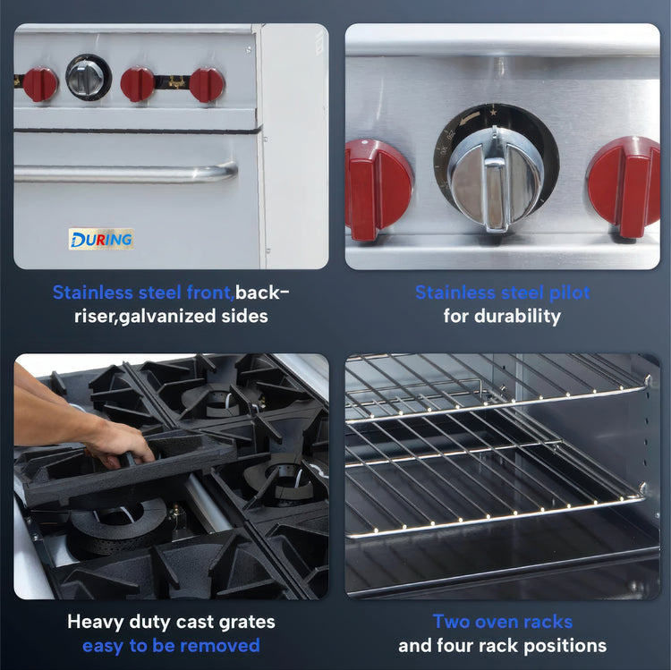 Stainless steel stove with During branding, highlighting features like front riser, pilot, cast grates, and oven racks.