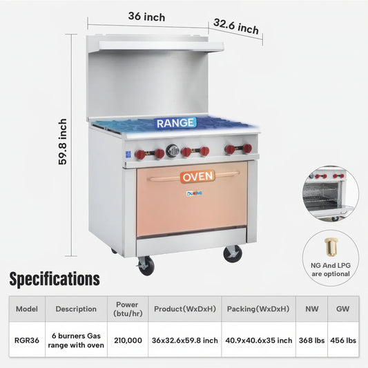 Commercial kitchen range with oven and dimensions on a white background