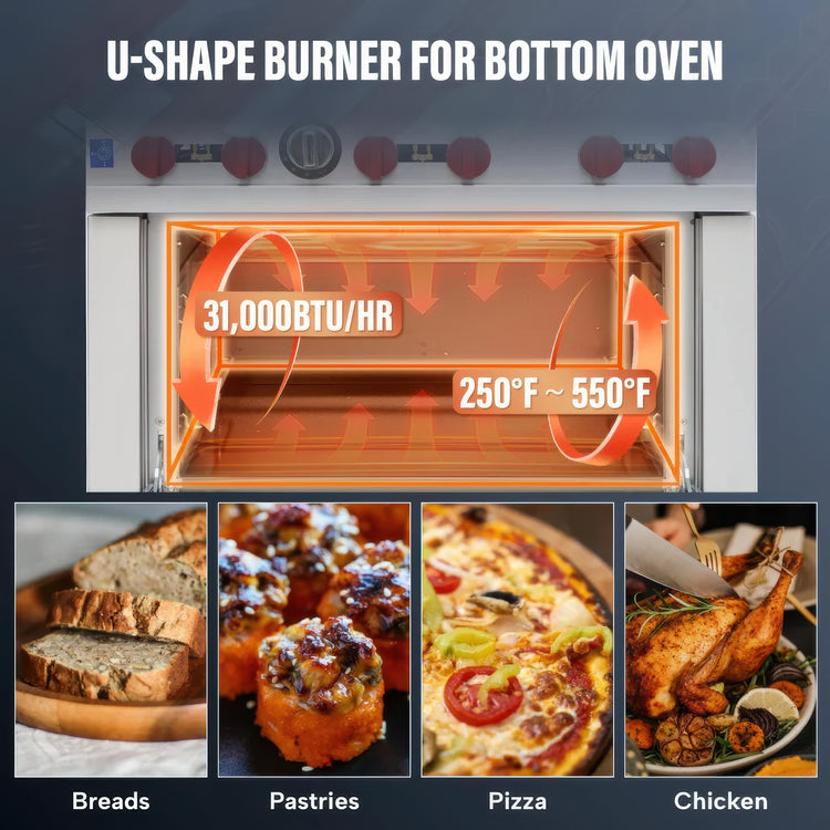 Oven with U-shape burner and images of baked goods on a dark background