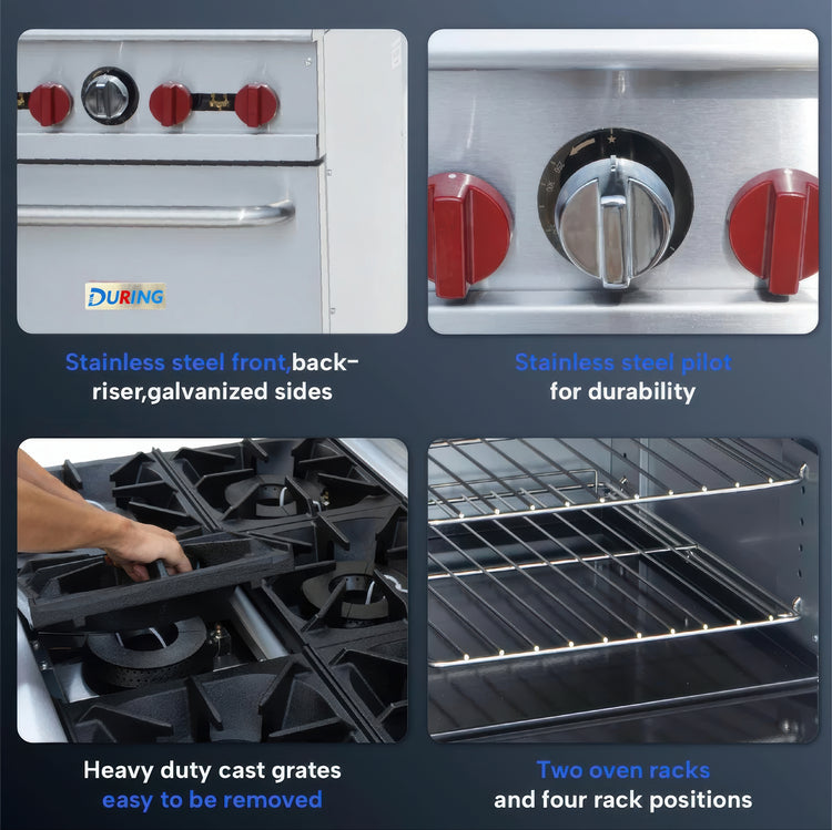 Stainless steel oven with Durang branding, highlighting features like stainless steel front, back-riser, and durability.
