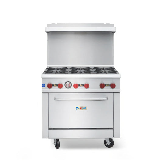 Stainless steel commercial stove with four burners on a white background
