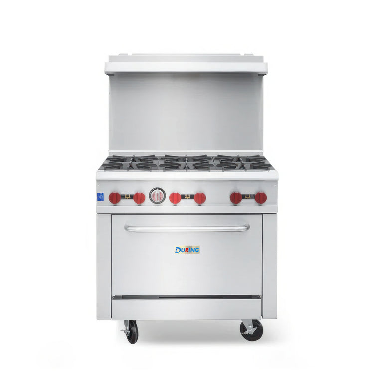 Stainless steel commercial stove with four burners on a white background