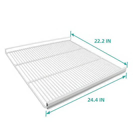 White metal cooling rack with dimensions labeled on a white background