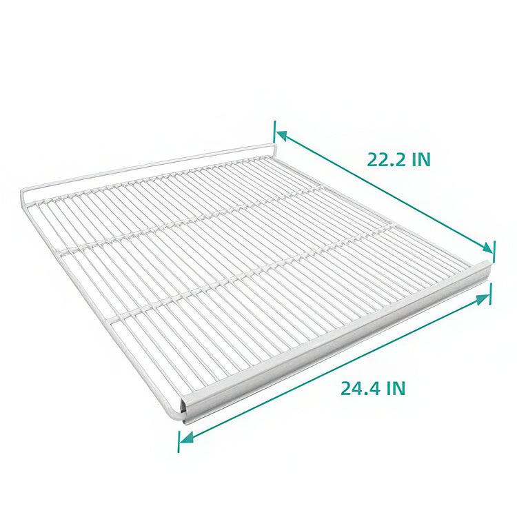 White metal cooling rack with dimensions labeled on a white background
