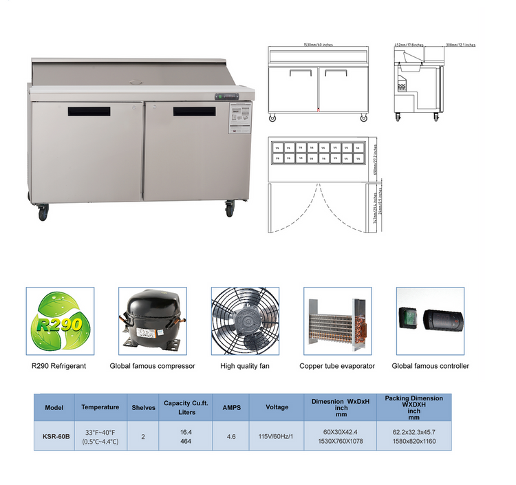 Stainless Steel Double Door Food Prep Table Refrigerator 60 Inches