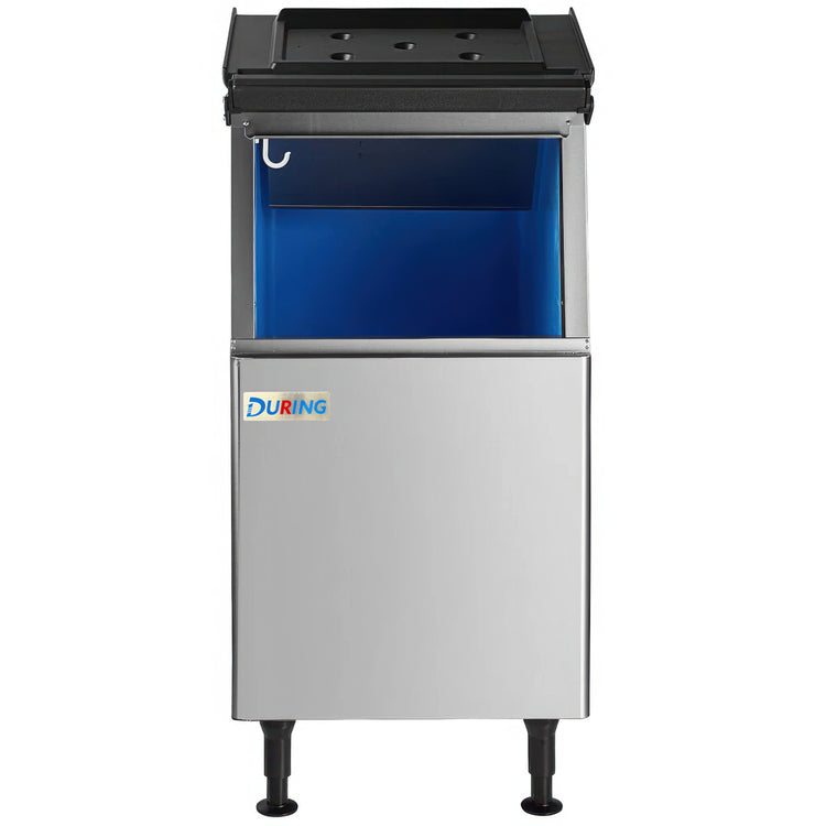 Stainless steel ice cream freezer with blue interior and DURING logo on a white background