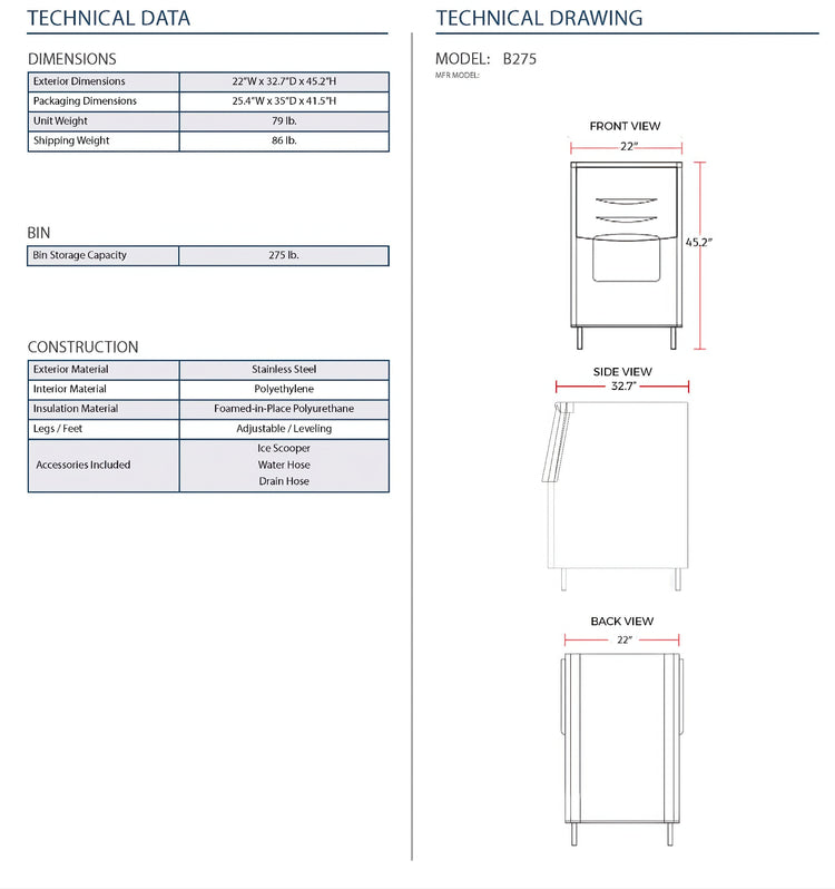 Technical drawing and specifications of a storage bin with dimensions and material details.