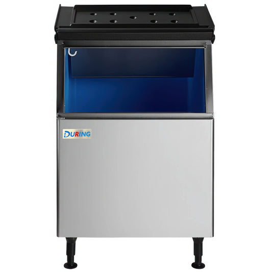 Stainless steel oven with blue interior on a white background, featuring the DURING brand.