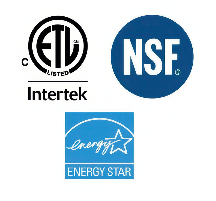 Logos of ETL Listed, NSF, Intertek, and Energy Star on a white background