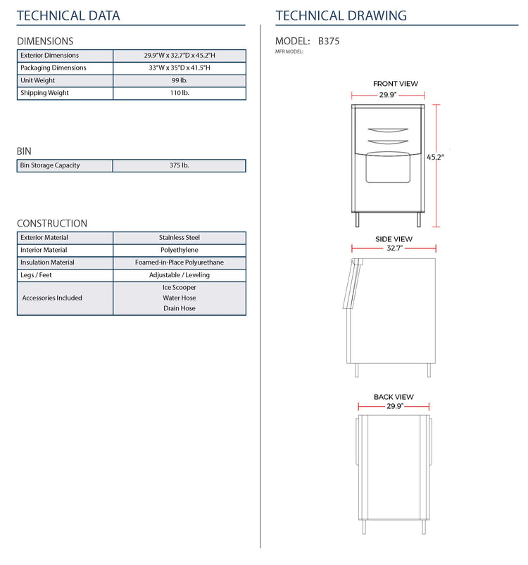 Technical data and drawing of a storage bin with dimensions and construction details.