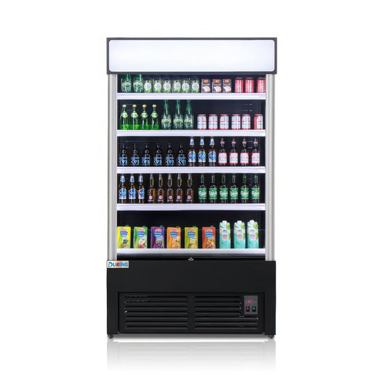 Fridge with drinks on a white background