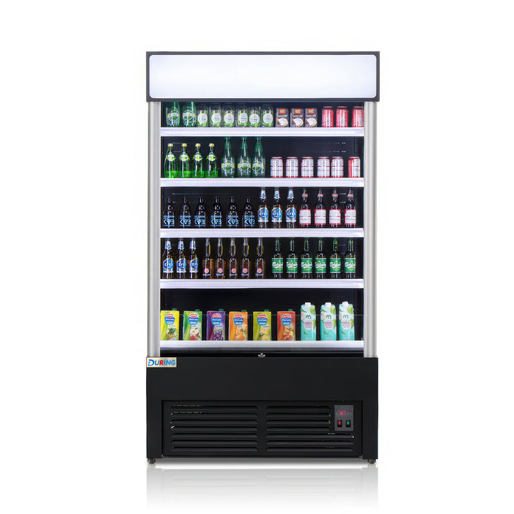 Fridge with drinks on a white background