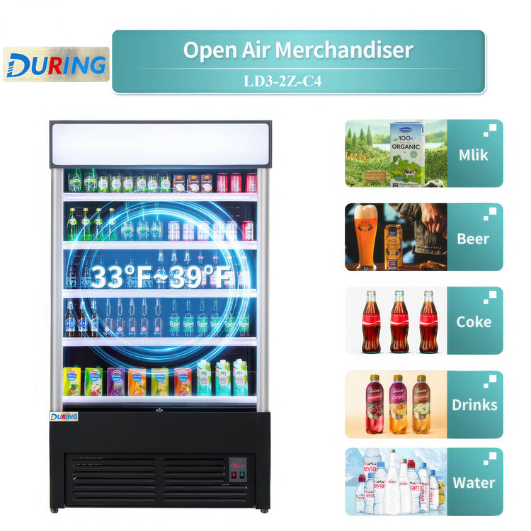 Open air merchandiser with drink categories displayed on a white background