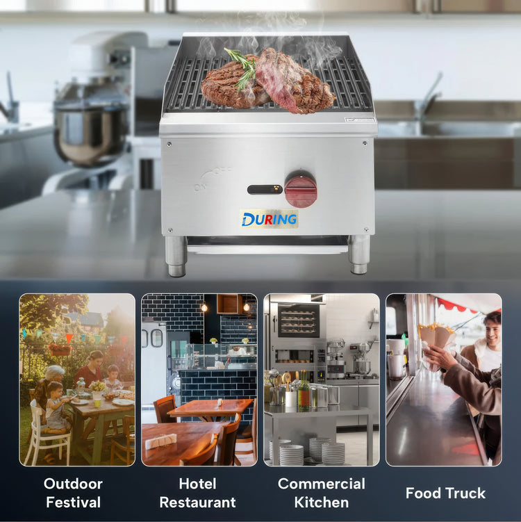Stainless steel grill with 'DURING' branding on a kitchen counter, surrounded by images of outdoor settings.