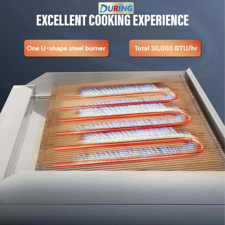 U-shaped steel burner with 30,000 BTU/hr on a blue background, featuring the DURING brand.
