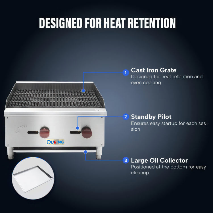 Grill with features highlighted on a dark background