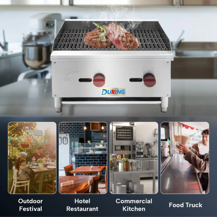 Stainless steel grill with food on a kitchen counter, featuring the brand 'DURING'.
