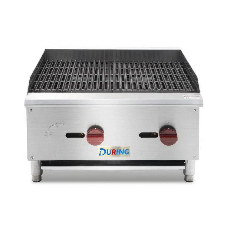 Stainless steel griddle with control knobs on a white background, featuring the DURING brand.
