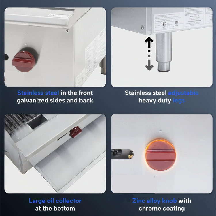 Product features with text labels on stainless steel, adjustable legs, oil collector, and knob.