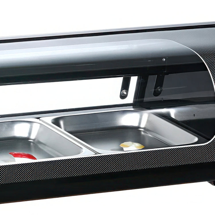 Stainless steel food warmer with open lid on a white background