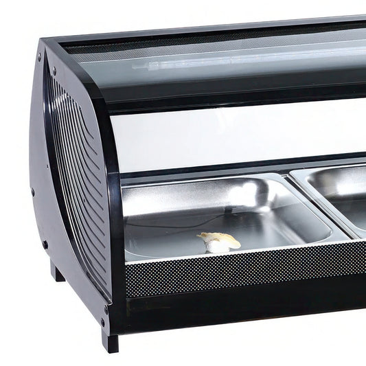 Display case with glass door and metal interior on a white background