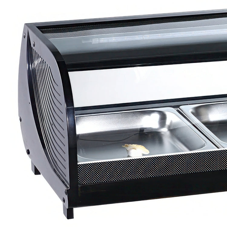 Display case with glass door and metal interior on a white background