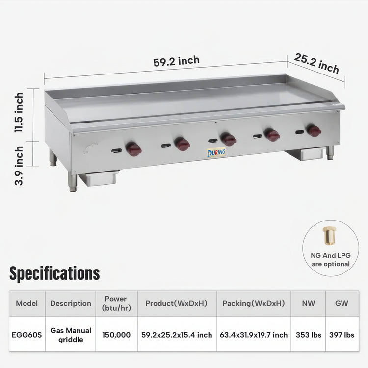 Gas manual griddle with dimensions and specifications on a white background