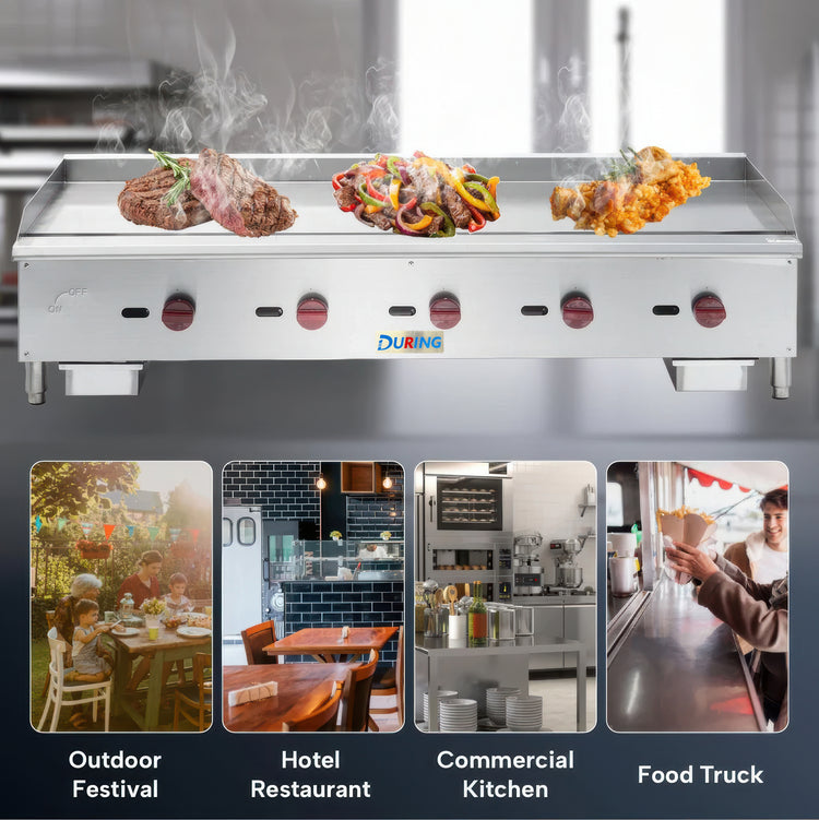 Stainless steel griddle with food cooking on it, featuring the Dura-Q brand name. Below are images of outdoor festival, hotel restaurant, commercial kitchen, and food truck settings.