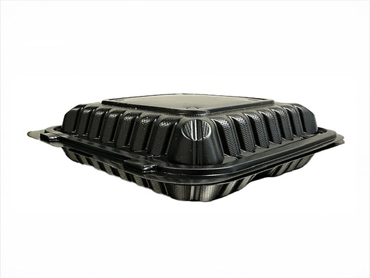 A black 1 compartment microwaveable take out container with a hinged lid.