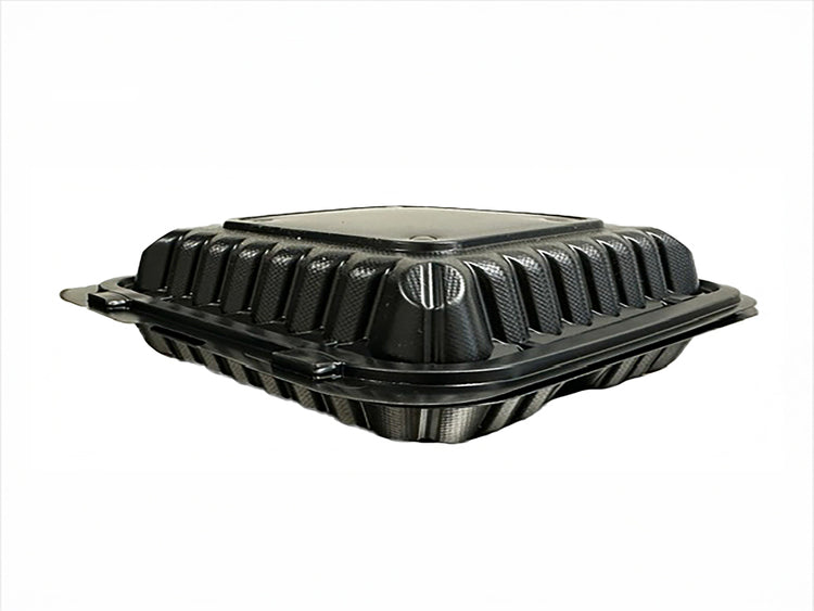 A black 1 compartment microwaveable take out container with a hinged lid.