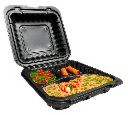 A black 1 compartment microwaveable take out container with a hinged lid. with food