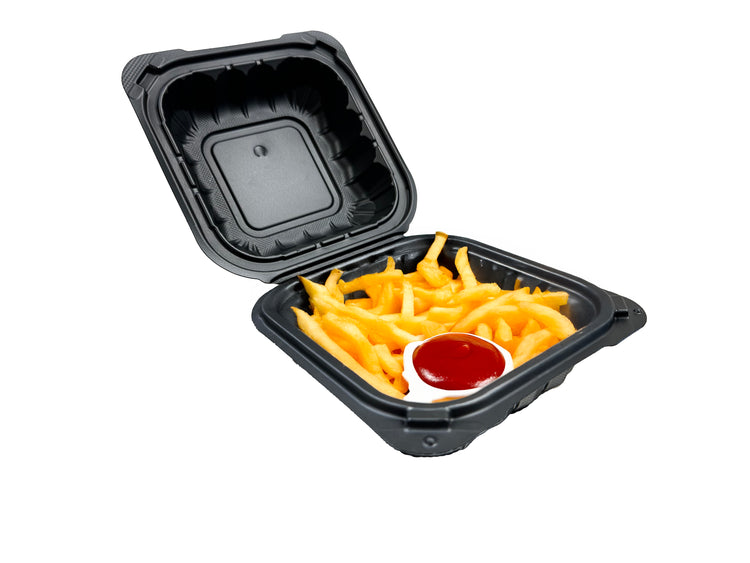 A black 1 compartment microwaveable take out container with a hinged lid. with food