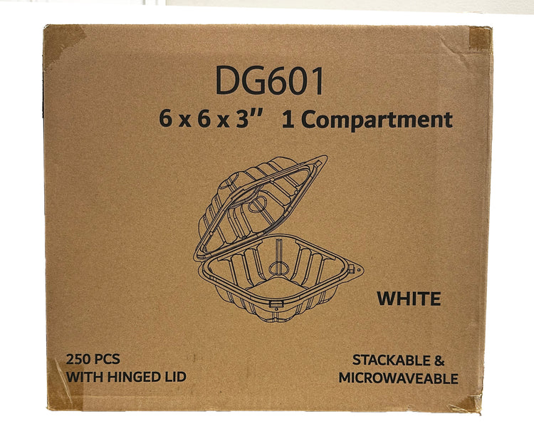 A white, 1-compartment microwaveable take-out container with a hinged lid. in box
