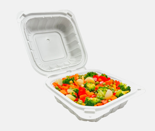 A white, 1-compartment microwaveable take-out container with a hinged lid. with food