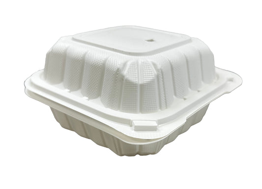 A white, 1-compartment microwaveable take-out container with a hinged lid.
