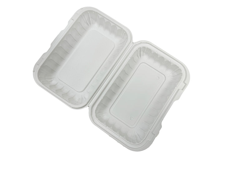 A white, 9 x 6 x 2.75 inch hinged-lid microwaveable plastic container with a single compartment. from top