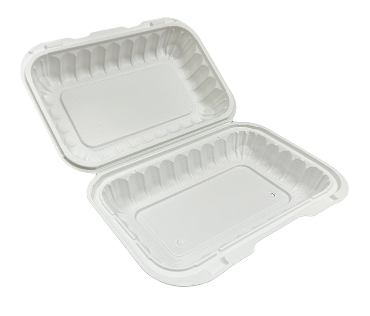 A white, 9 x 6 x 2.75 inch hinged-lid microwaveable plastic container with a single compartment. open