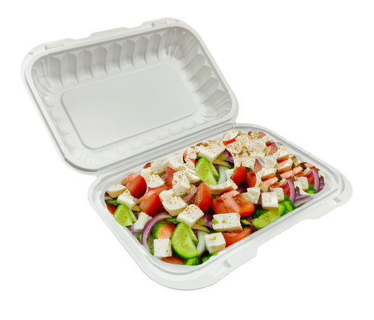 A white, 9 x 6 x 2.75 inch hinged-lid microwaveable plastic container with a single compartment. with food