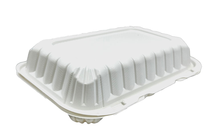 A white, 9 x 6 x 2.75 inch hinged-lid microwaveable plastic container with a single compartment.