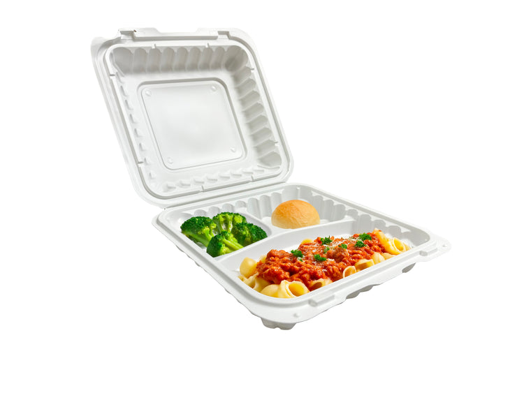 white 3 compartment container with food