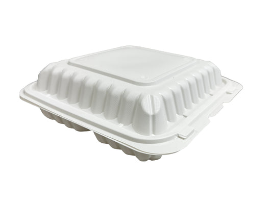 White 1 compartment microwaveable take out container with a hinged lid.