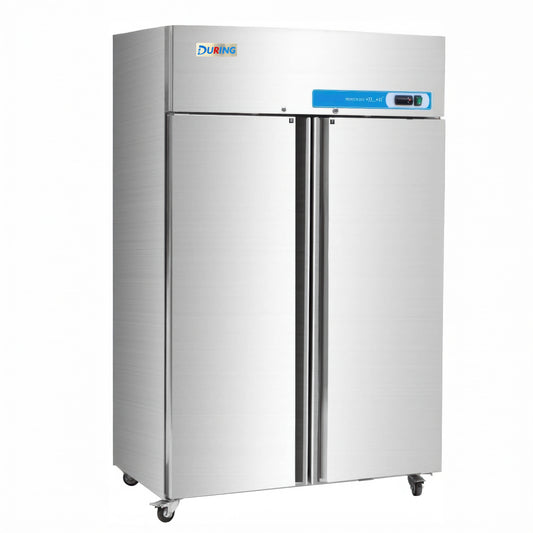 Stainless steel commercial refrigerator with DURING logo on a white background