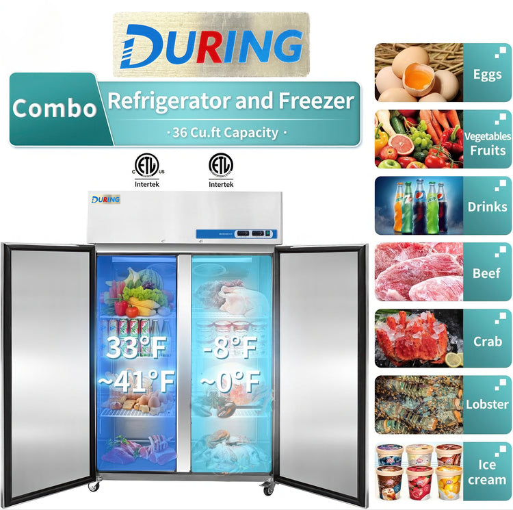 Combo refrigerator and freezer with open doors showing different food categories and DURING branding.