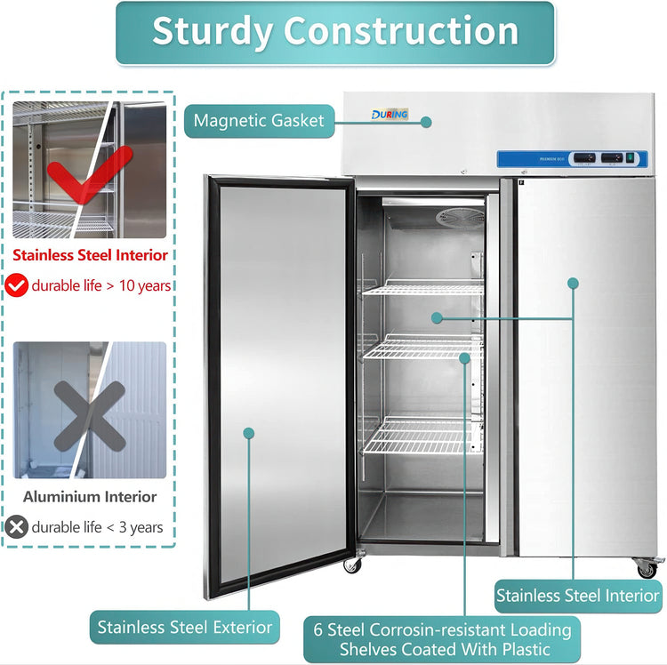 Stainless steel refrigerator with features highlighted, including a magnetic gasket and stainless steel interior.