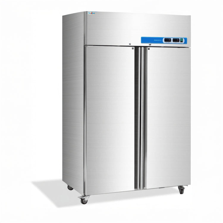 Stainless steel commercial refrigerator with digital display on a white background