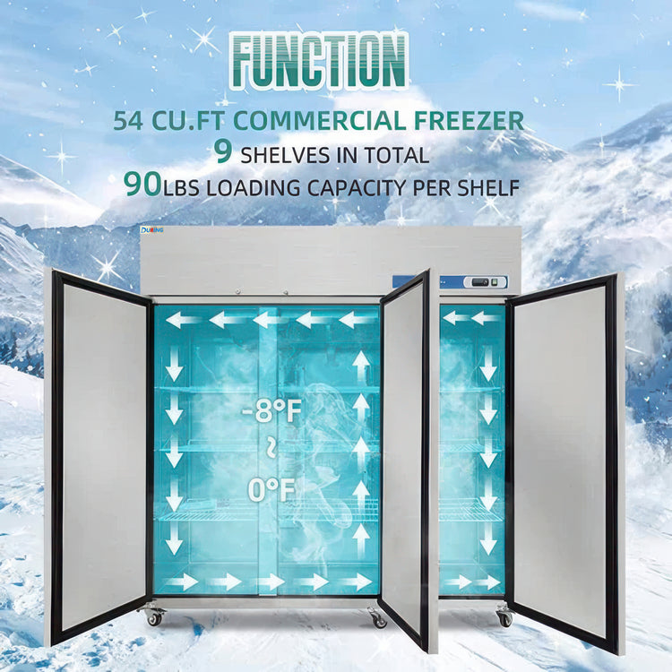 Commercial freezer with open doors showing temperature indicators against a snowy mountain background