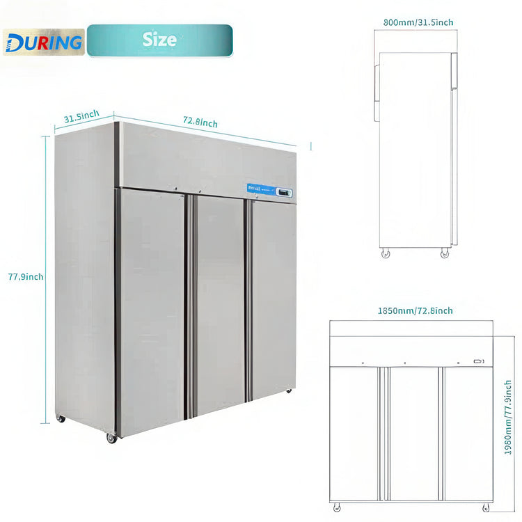 Stainless steel commercial refrigerator with dimensions labeled on a white background