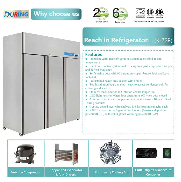 Refrigerator with features and specifications listed on a white background